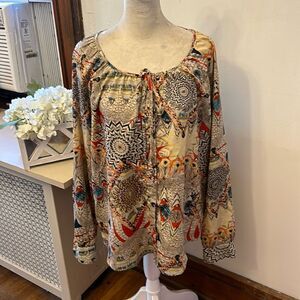 Milano brown orange patterned long sleeve button front blouse Size M EUC